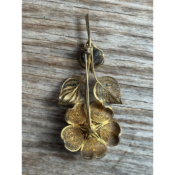 Vintage Gold Tone 800 Silver Flower Brooch Pin with Intricate Filigree Design - Picture 4 of 7